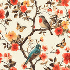 birds, branches, floral pattern, orange flowers, coral blooms, butterflies, teal bird, robin, brown leaves, botanical design, nature scene, cream background,, fabric panel, spring theme, vintage style, perched birds, blooming flowers, wildlife motif, garden pattern
