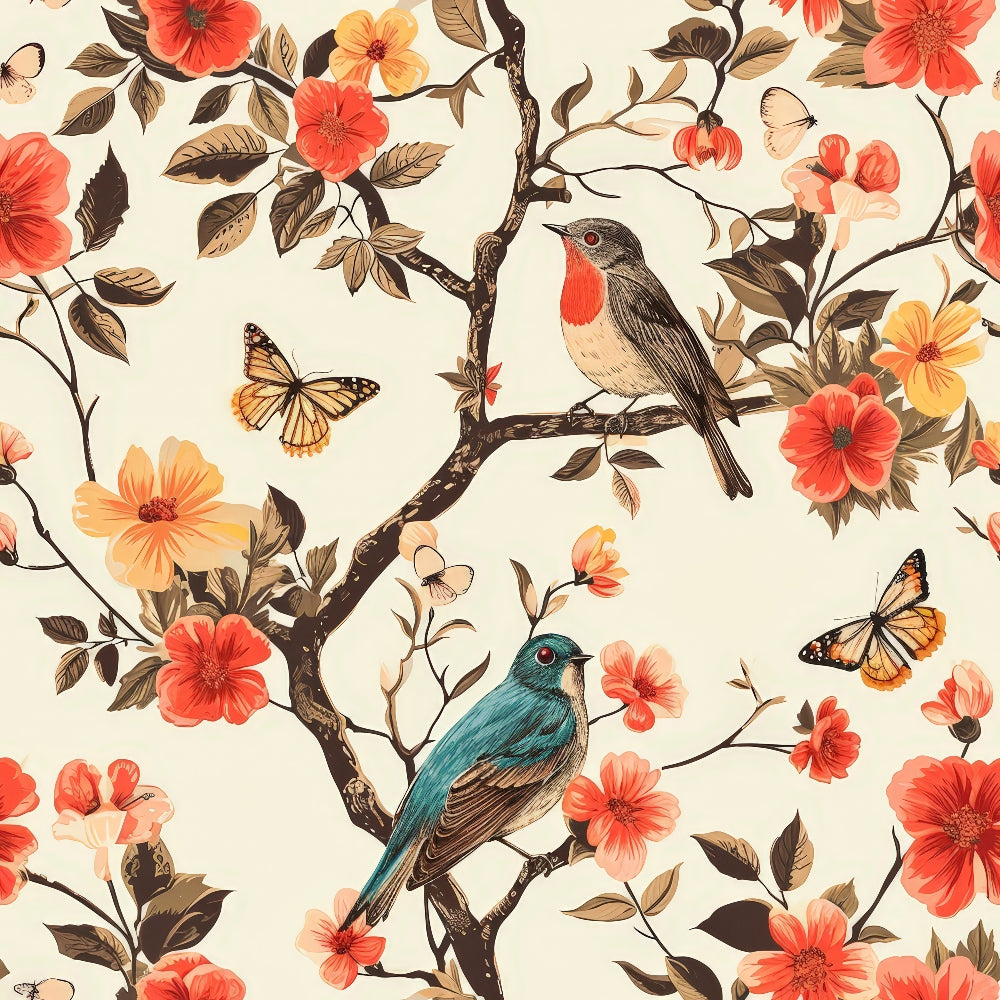 birds, branches, floral pattern, orange flowers, coral blooms, butterflies, teal bird, robin, brown leaves, botanical design, nature scene, cream background,, fabric panel, spring theme, vintage style, perched birds, blooming flowers, wildlife motif, garden pattern