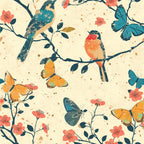 teal birds, coral flowers, orange butterflies, blue butterflies, flowering branches, nature pattern, vintage style, cream background, botanical design,, fabric panel, whimsical birds, spring theme, floral motifs, branch perches, garden scene, soft pastels, artistic illustration, wildlife print, cotton fabric