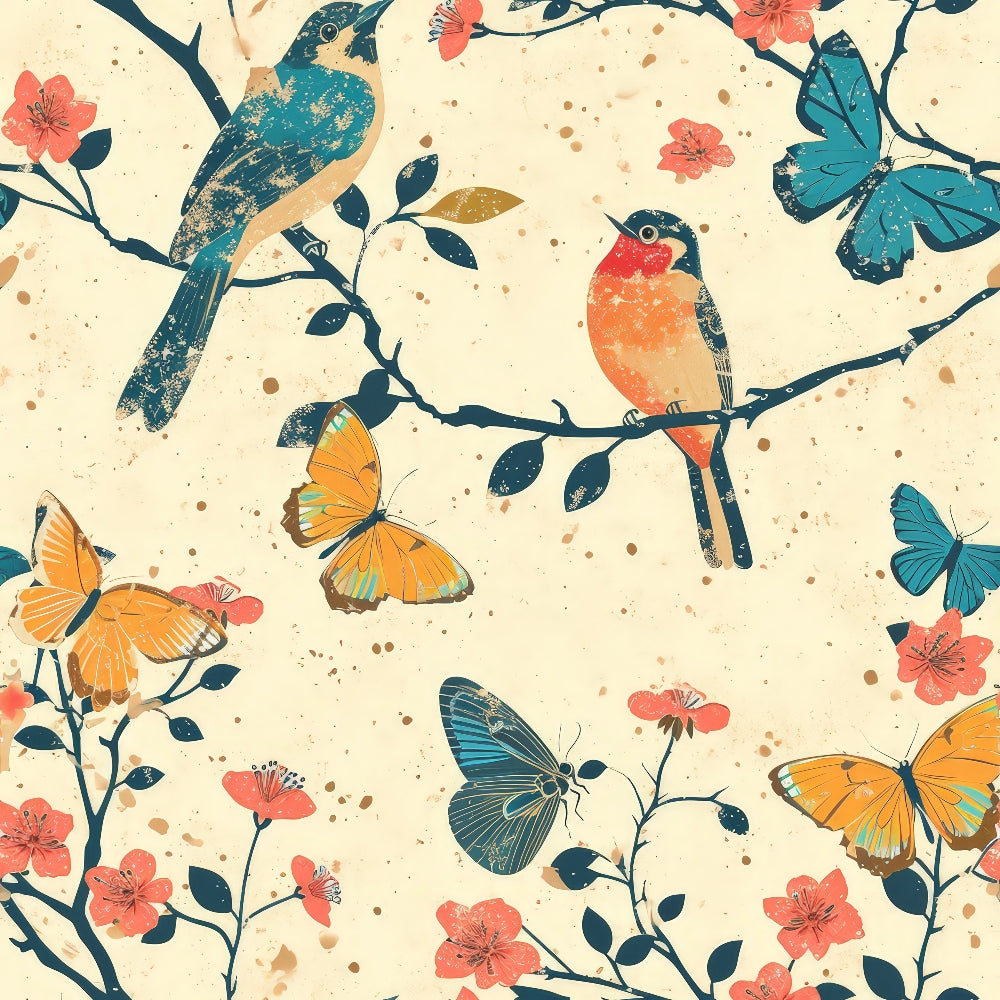 teal birds, coral flowers, orange butterflies, blue butterflies, flowering branches, nature pattern, vintage style, cream background, botanical design,, fabric panel, whimsical birds, spring theme, floral motifs, branch perches, garden scene, soft pastels, artistic illustration, wildlife print, cotton fabric