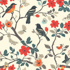 birds, branches, floral pattern, red flowers, orange blooms, teal leaves, butterflies, cream background, botanical design, nature motif, songbirds, perched birds, flowering branches, coral blossoms, sage green foliage, whimsical style,, fabric panel, spring theme, garden birds