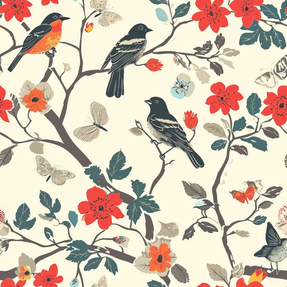 birds, branches, floral pattern, red flowers, orange blooms, teal leaves, butterflies, cream background, botanical design, nature motif, songbirds, perched birds, flowering branches, coral blossoms, sage green foliage, whimsical style,, fabric panel, spring theme, garden birds