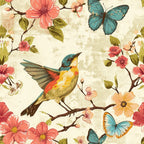 fabric panel, hummingbird, colorful bird, blue butterfly, floral branches, coral flowers, peach blossoms, teal wings, yellow breast, green leaves, botanical pattern, nature design, spring motif, vintage style, ornate illustration, flowering branches, wildlife scene, soft background, detailed artwork