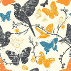 birds, butterflies, branches, hummingbird, orange, blue, gray, cream background, nature pattern, wildlife, floral branches, vintage style, distressed texture,, fabric panel, spring theme, garden motif, silhouette design, botanical elements