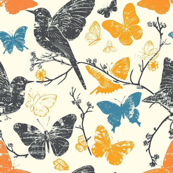 birds, butterflies, branches, hummingbird, orange, blue, gray, cream background, nature pattern, wildlife, floral branches, vintage style, distressed texture,, fabric panel, spring theme, garden motif, silhouette design, botanical elements