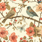 birds, branches, floral pattern, coral flowers, peach blooms, blue butterfly, brown bird, blue bird, botanical design, nature motif, vintage style,, fabric panel, spring theme, garden scene, perched birds, flowering branches, soft palette, decorative pattern, cotton fabric