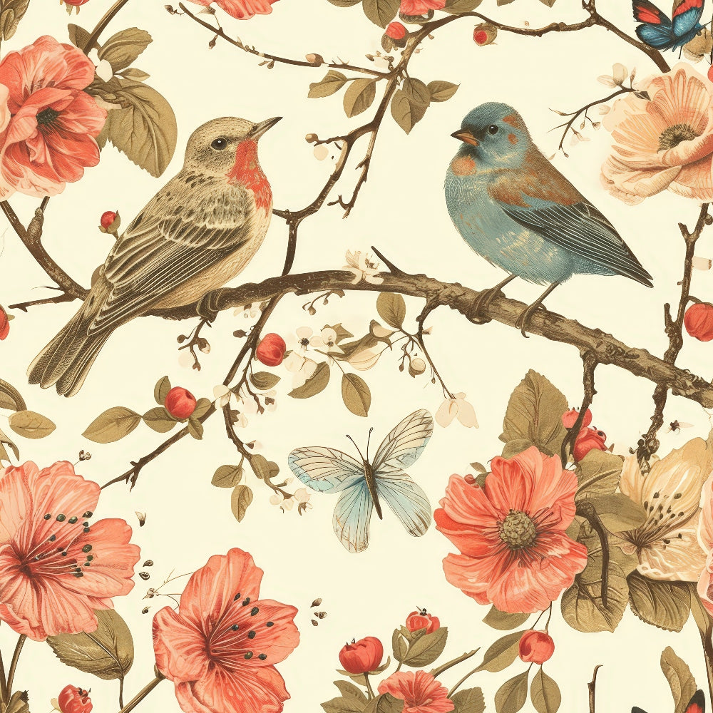 birds, branches, floral pattern, coral flowers, peach blooms, blue butterfly, brown bird, blue bird, botanical design, nature motif, vintage style,, fabric panel, spring theme, garden scene, perched birds, flowering branches, soft palette, decorative pattern, cotton fabric