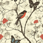 birds, branches, butterflies, botanical, floral, red robin, coral flowers, black butterflies, blue butterfly, cream background, vintage illustration, nature pattern,, fabric panel, delicate linework, garden scene, perched bird, flowering vines, natural motifs, detailed etching style