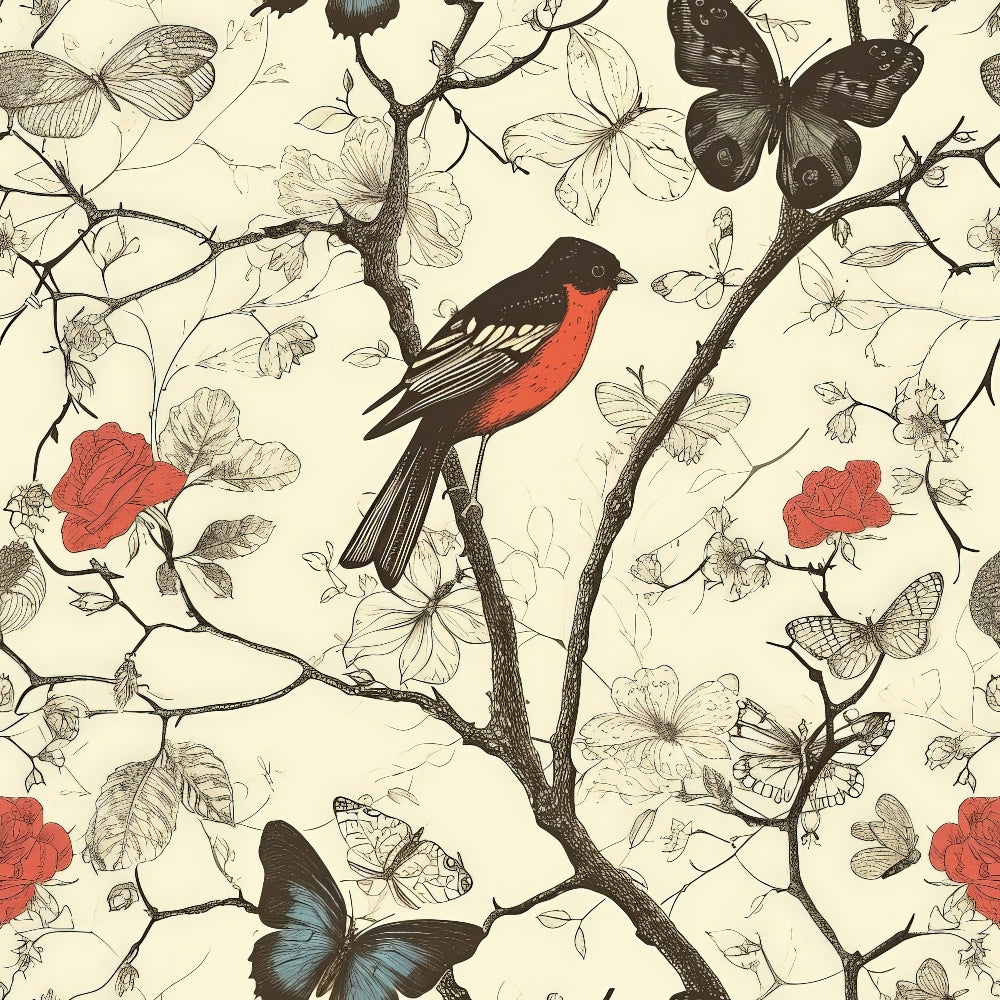 birds, branches, butterflies, botanical, floral, red robin, coral flowers, black butterflies, blue butterfly, cream background, vintage illustration, nature pattern,, fabric panel, delicate linework, garden scene, perched bird, flowering vines, natural motifs, detailed etching style