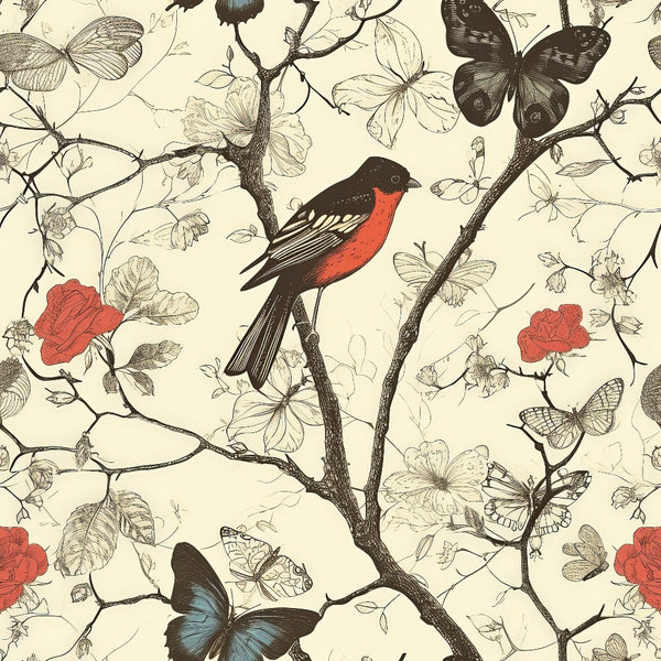 birds, branches, butterflies, botanical, floral, red robin, coral flowers, black butterflies, blue butterfly, cream background, vintage illustration, nature pattern,, fabric panel, delicate linework, garden scene, perched bird, flowering vines, natural motifs, detailed etching style