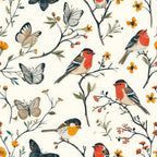 birds, butterflies, branches, floral, orange flowers, red robin, cream background, nature pattern, botanical design,, fabric panel, wildlife motif, garden theme, spring elements, delicate illustrations, berries, leaves, pastel tones, whimsical style, organic pattern