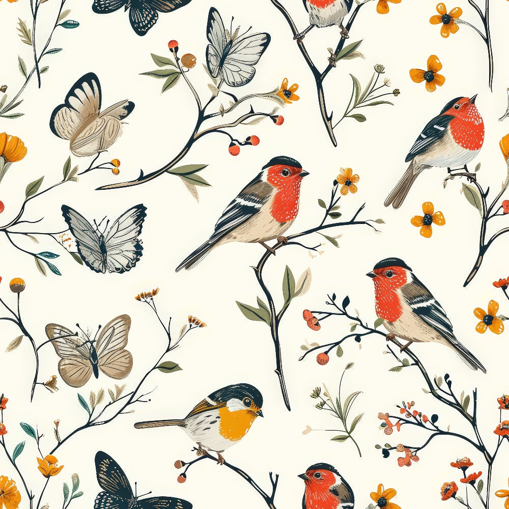 birds, butterflies, branches, floral, orange flowers, red robin, cream background, nature pattern, botanical design,, fabric panel, wildlife motif, garden theme, spring elements, delicate illustrations, berries, leaves, pastel tones, whimsical style, organic pattern