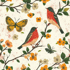 birds on branches, orange flowers, cream background, butterflies, floral pattern, botanical design, nature motif,, fabric panel, red breasted birds, green leaves, vintage style, spring theme, wildlife illustration, artistic birds, blooming flowers, natural elements, repeating pattern, crafting fabric