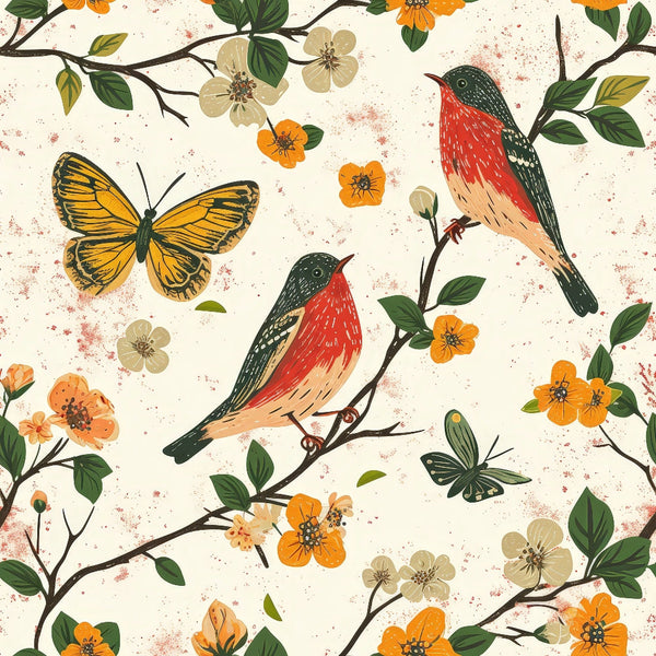 birds on branches, orange flowers, cream background, butterflies, floral pattern, botanical design, nature motif,, fabric panel, red breasted birds, green leaves, vintage style, spring theme, wildlife illustration, artistic birds, blooming flowers, natural elements, repeating pattern, crafting fabric