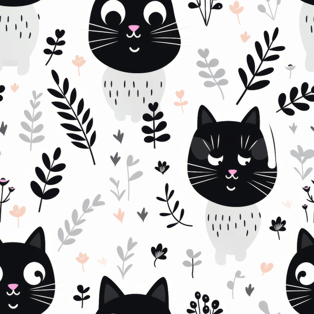 black cats, white background, pink accents, gray foliage, botanical elements, cute cat faces, whiskers, closed eyes, floral sprigs, leaves, branches,, fabric panel, minimalist style, scandinavian design, cheerful mood, pet themed, nature motifs, repeating pattern, craft fabric