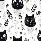 black cats, white background, pink accents, gray foliage, botanical elements, cute cat faces, whiskers, closed eyes, floral sprigs, leaves, branches,, fabric panel, minimalist style, scandinavian design, cheerful mood, pet themed, nature motifs, repeating pattern, craft fabric