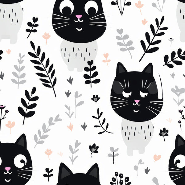 black cats, white background, pink accents, gray foliage, botanical elements, cute cat faces, whiskers, closed eyes, floral sprigs, leaves, branches,, fabric panel, minimalist style, scandinavian design, cheerful mood, pet themed, nature motifs, repeating pattern, craft fabric