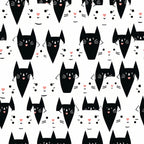 black, white, pink, cats, kittens, feline faces, geometric pattern, minimalist style, cute animals, whiskers, ears, repeating motif,, fabric panel, modern design, simple illustration, pet theme, monochrome palette, crafting material, sewing fabric