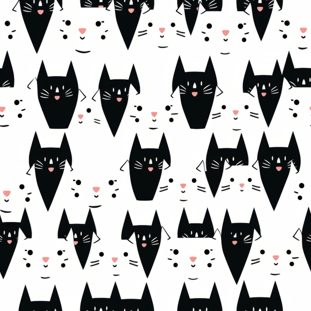 black, white, pink, cats, kittens, feline faces, geometric pattern, minimalist style, cute animals, whiskers, ears, repeating motif,, fabric panel, modern design, simple illustration, pet theme, monochrome palette, crafting material, sewing fabric