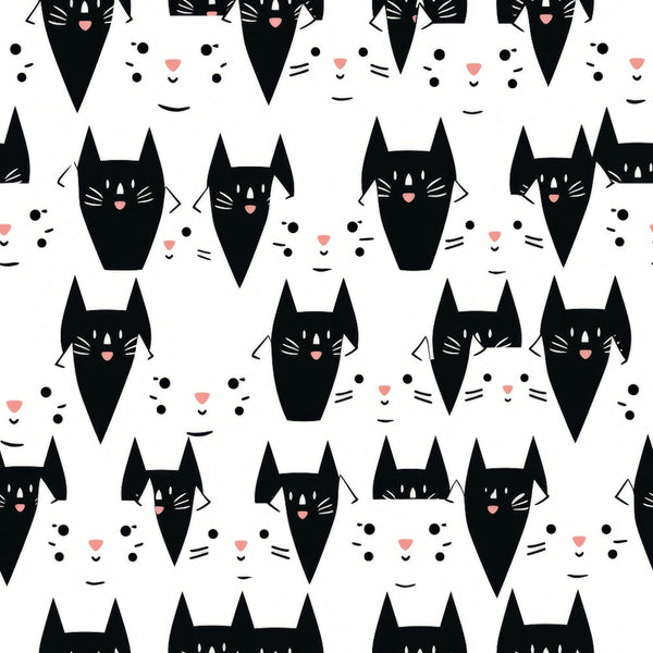 black, white, pink, cats, kittens, feline faces, geometric pattern, minimalist style, cute animals, whiskers, ears, repeating motif,, fabric panel, modern design, simple illustration, pet theme, monochrome palette, crafting material, sewing fabric