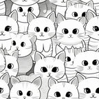 black and white, cats, kittens, cute animals, seamless pattern, monochrome, grayscale, cartoon style, kawaii, big eyes, whiskers, feline faces,, fabric panel, adorable, playful, pet themed, animal print, crafting fabric, repetitive design