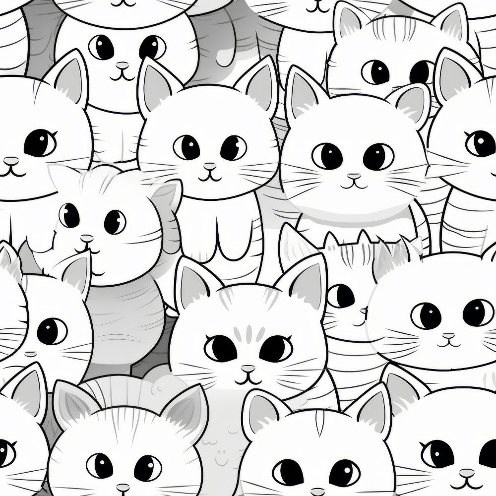 black and white, cats, kittens, cute animals, seamless pattern, monochrome, grayscale, cartoon style, kawaii, big eyes, whiskers, feline faces,, fabric panel, adorable, playful, pet themed, animal print, crafting fabric, repetitive design