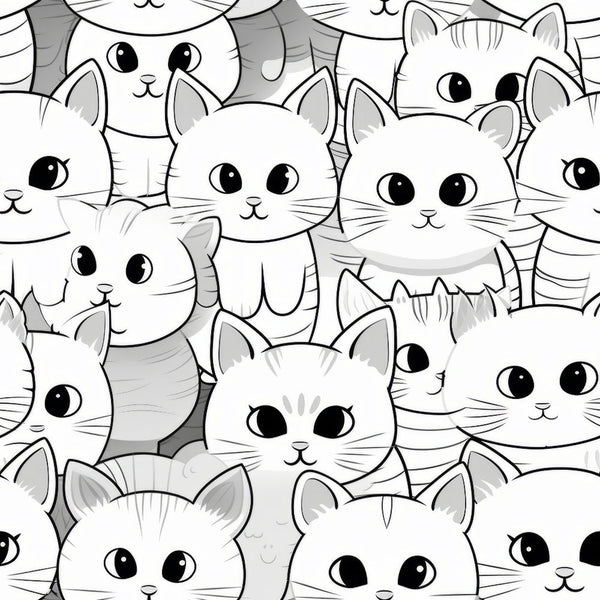 black and white, cats, kittens, cute animals, seamless pattern, monochrome, grayscale, cartoon style, kawaii, big eyes, whiskers, feline faces,, fabric panel, adorable, playful, pet themed, animal print, crafting fabric, repetitive design