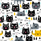 black cats, white cats, gray cats, yellow cats, pink accents, turquoise accents, geometric pattern, cat faces, whiskers, triangular shapes, raindrops, modern illustration, playful design,, fabric panel, cute animals, minimalist style, contemporary art, pet theme, colorful pattern