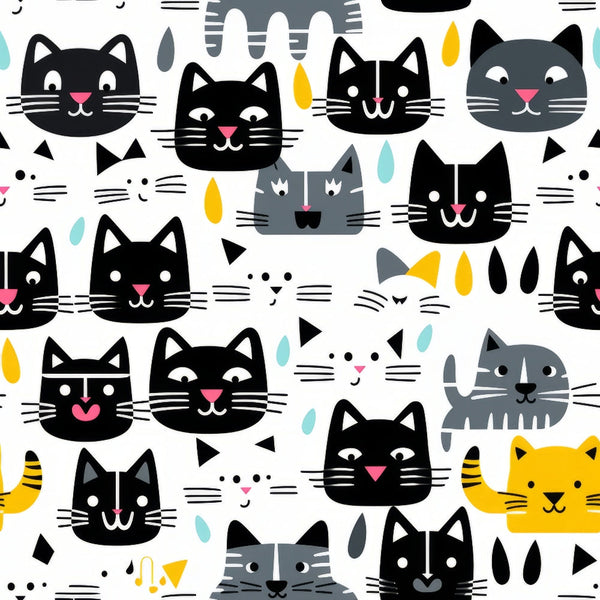 black cats, white cats, gray cats, yellow cats, pink accents, turquoise accents, geometric pattern, cat faces, whiskers, triangular shapes, raindrops, modern illustration, playful design,, fabric panel, cute animals, minimalist style, contemporary art, pet theme, colorful pattern