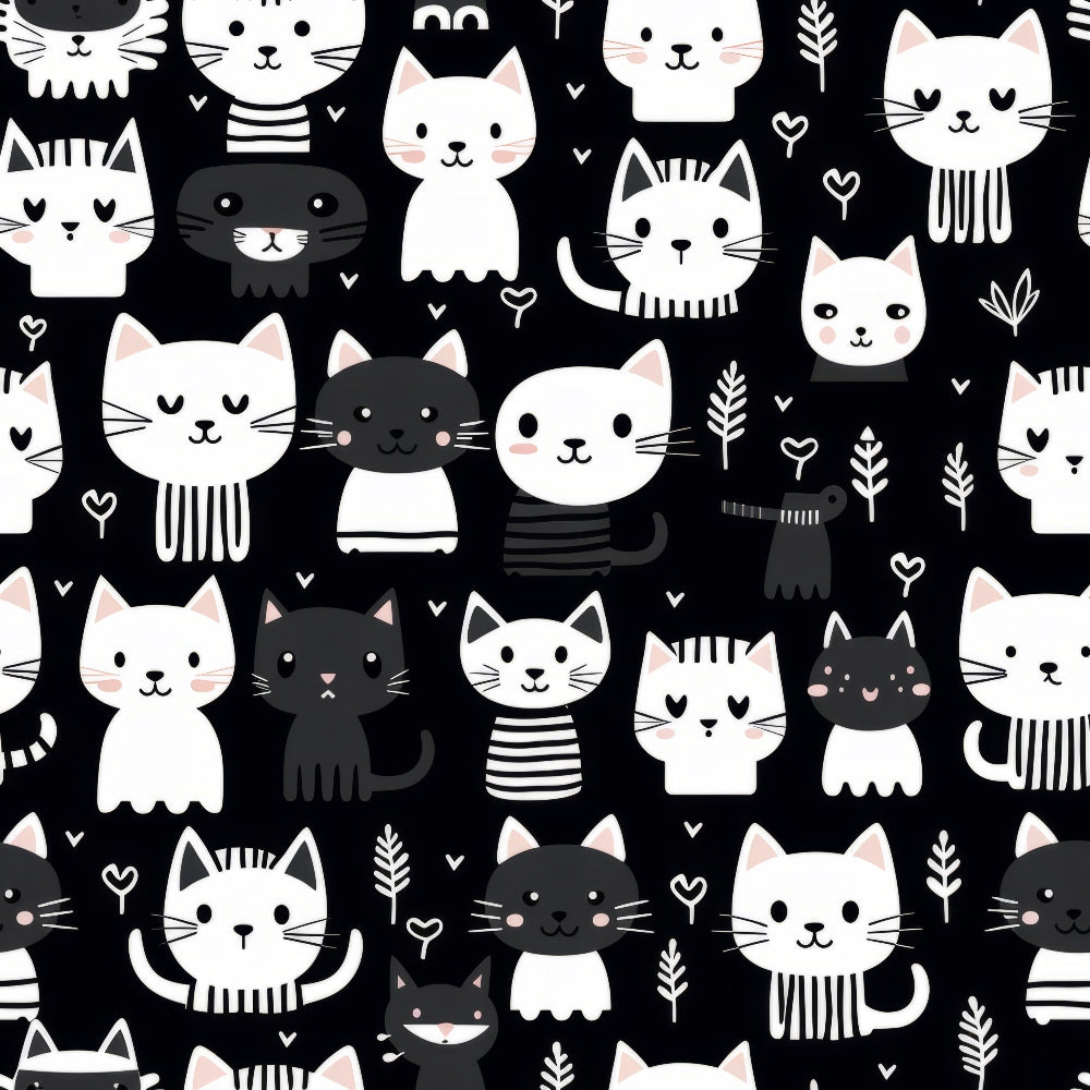 black, white, cats, kittens, felines, cute animals, kawaii style, minimalist design, geometric patterns, striped cats, heart motifs, leaf elements, scattered pattern, whimsical illustration, monochrome palette,, fabric panel, charming cats, playful design, modern aesthetic