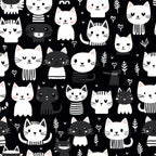 black, white, cats, kittens, felines, cute animals, kawaii style, minimalist design, geometric patterns, striped cats, heart motifs, leaf elements, scattered pattern, whimsical illustration, monochrome palette,, fabric panel, charming cats, playful design, modern aesthetic