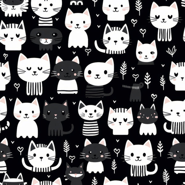 black, white, cats, kittens, felines, cute animals, kawaii style, minimalist design, geometric patterns, striped cats, heart motifs, leaf elements, scattered pattern, whimsical illustration, monochrome palette,, fabric panel, charming cats, playful design, modern aesthetic
