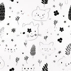 black, white, gray, pink, cats, kittens, flowers, leaves, botanical elements, hearts, stars, cute faces, whimsical, kawaii style, minimalist, modern,, fabric panel, nursery theme, playful pattern, scattered design, simple illustration