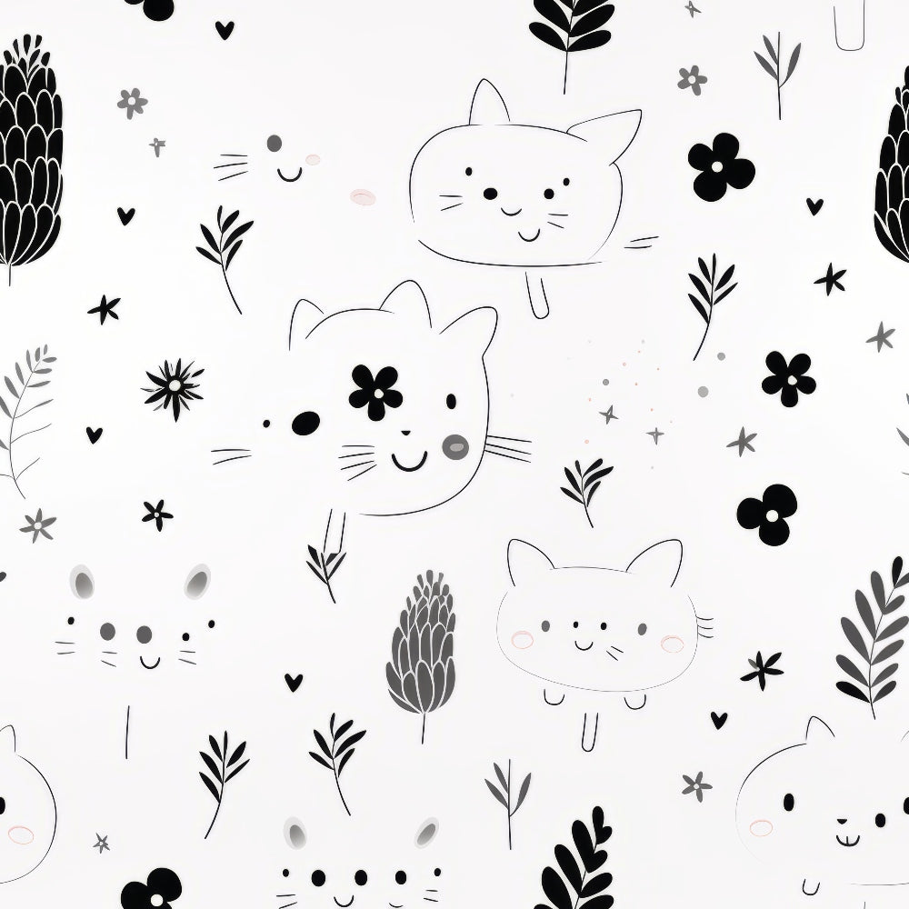 black, white, gray, pink, cats, kittens, flowers, leaves, botanical elements, hearts, stars, cute faces, whimsical, kawaii style, minimalist, modern,, fabric panel, nursery theme, playful pattern, scattered design, simple illustration