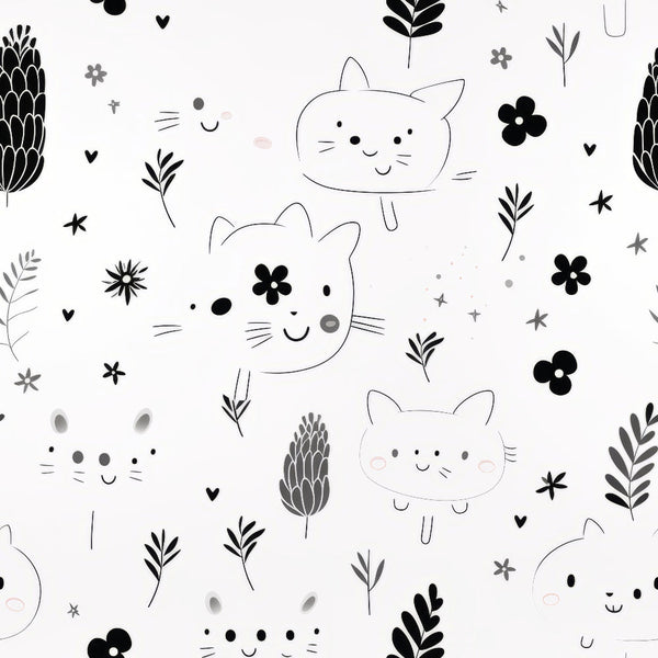 black, white, gray, pink, cats, kittens, flowers, leaves, botanical elements, hearts, stars, cute faces, whimsical, kawaii style, minimalist, modern,, fabric panel, nursery theme, playful pattern, scattered design, simple illustration