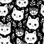black, white, cats, kittens, floral, botanical, leaves, branches, flowers, cute faces, kawaii style, monochrome, repeating pattern,, fabric panel, playful, whimsical, pet themed, nature elements, crafting material