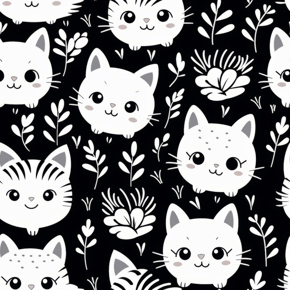 black, white, cats, kittens, floral, botanical, leaves, branches, flowers, cute faces, kawaii style, monochrome, repeating pattern,, fabric panel, playful, whimsical, pet themed, nature elements, crafting material