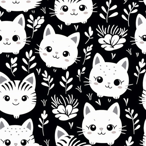 black, white, cats, kittens, floral, botanical, leaves, branches, flowers, cute faces, kawaii style, monochrome, repeating pattern,, fabric panel, playful, whimsical, pet themed, nature elements, crafting material