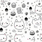 black, white, pink, cats, kittens, cute animals, kawaii style, sweet treats, cupcakes, macarons, desserts, hearts, whimsical, playful, cartoon cats, bakery theme,, fabric panel, adorable faces, seamless pattern