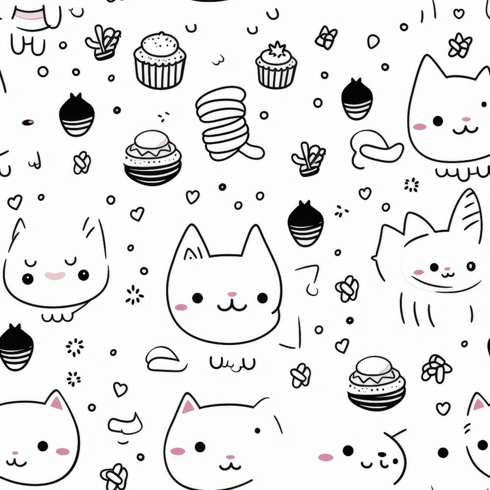 black, white, pink, cats, kittens, cute animals, kawaii style, sweet treats, cupcakes, macarons, desserts, hearts, whimsical, playful, cartoon cats, bakery theme,, fabric panel, adorable faces, seamless pattern