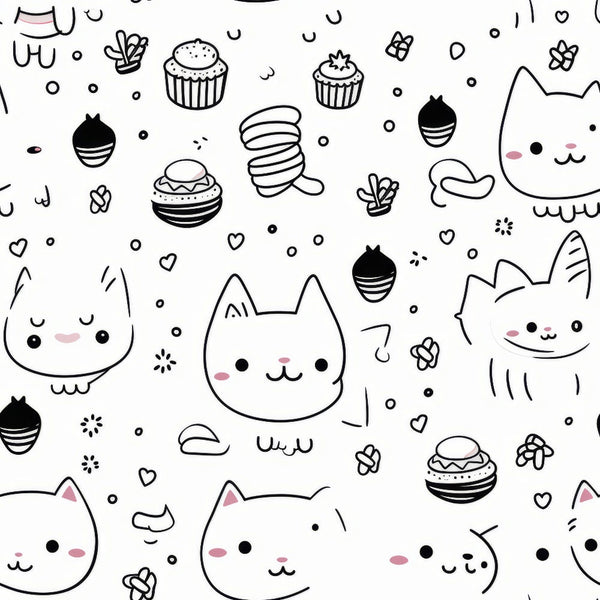 black, white, pink, cats, kittens, cute animals, kawaii style, sweet treats, cupcakes, macarons, desserts, hearts, whimsical, playful, cartoon cats, bakery theme,, fabric panel, adorable faces, seamless pattern