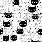 black and white, cats, kitten faces, cute animals, kawaii style, minimalist design, geometric pattern, repeating motif,, fabric panel, monochrome, simple illustrations, pet themed, cartoon cats, craft fabric, sewing material, whimsical, playful design, contrast colors