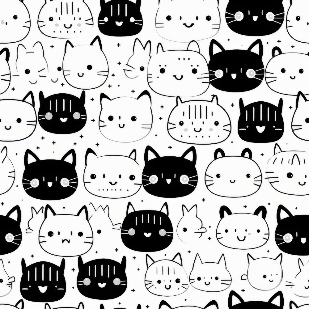 black and white, cats, kitten faces, cute animals, kawaii style, minimalist design, geometric pattern, repeating motif,, fabric panel, monochrome, simple illustrations, pet themed, cartoon cats, craft fabric, sewing material, whimsical, playful design, contrast colors