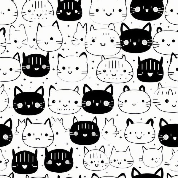 black and white, cats, kitten faces, cute animals, kawaii style, minimalist design, geometric pattern, repeating motif,, fabric panel, monochrome, simple illustrations, pet themed, cartoon cats, craft fabric, sewing material, whimsical, playful design, contrast colors