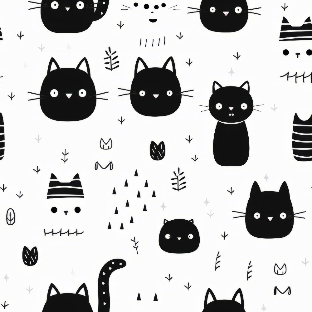 black and white, cats, kittens, feline faces, whiskers, striped cats, geometric shapes, triangles, leaves, botanical elements, minimalist design, scandinavian style, cute animals, pet pattern,, fabric panel, monochrome, simple illustrations, kawaii style, nursery fabric