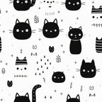 black and white, cats, kittens, feline faces, whiskers, striped cats, geometric shapes, triangles, leaves, botanical elements, minimalist design, scandinavian style, cute animals, pet pattern,, fabric panel, monochrome, simple illustrations, kawaii style, nursery fabric