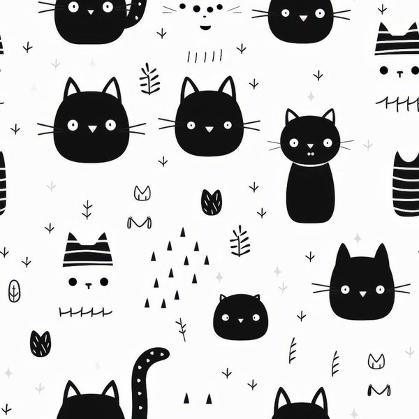 black and white, cats, kittens, feline faces, whiskers, striped cats, geometric shapes, triangles, leaves, botanical elements, minimalist design, scandinavian style, cute animals, pet pattern,, fabric panel, monochrome, simple illustrations, kawaii style, nursery fabric