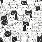 black, white, cats, feline faces, cartoon cats, cute animals, monochrome, grayscale, crowded pattern, pet illustration, whiskers, cat ears, playful design,, fabric panel, adorable cats, kitten faces, repetitive pattern, whimsical style, animal motif