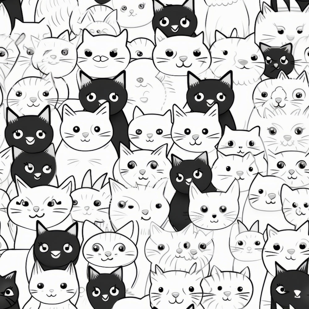 black, white, cats, feline faces, cartoon cats, cute animals, monochrome, grayscale, crowded pattern, pet illustration, whiskers, cat ears, playful design,, fabric panel, adorable cats, kitten faces, repetitive pattern, whimsical style, animal motif
