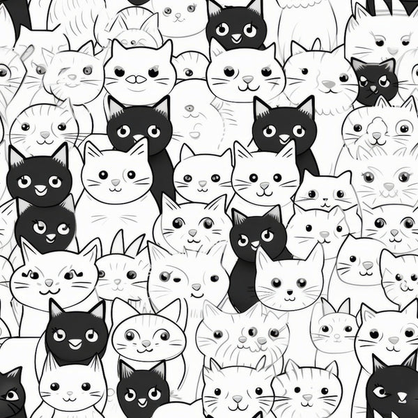 black, white, cats, feline faces, cartoon cats, cute animals, monochrome, grayscale, crowded pattern, pet illustration, whiskers, cat ears, playful design,, fabric panel, adorable cats, kitten faces, repetitive pattern, whimsical style, animal motif